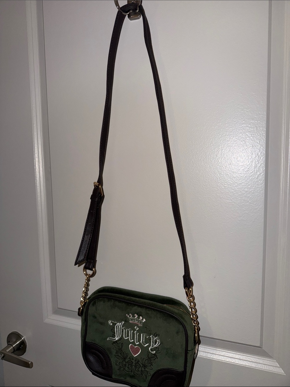 Juicy Couture Green Velvet Crossbody with Brown Strap and Gold Hardware